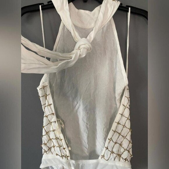 Free People Beaded Bodysuit Small Halter Open Back White Sparkle Glam Festival - Picture 11 of 12
